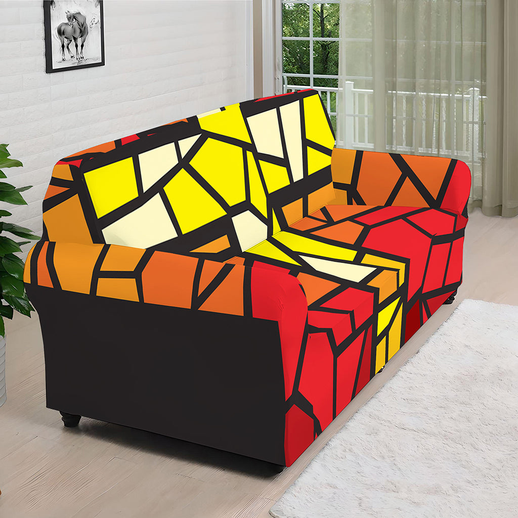 Orange And Red Stained Glass Cross Print Sofa Cover