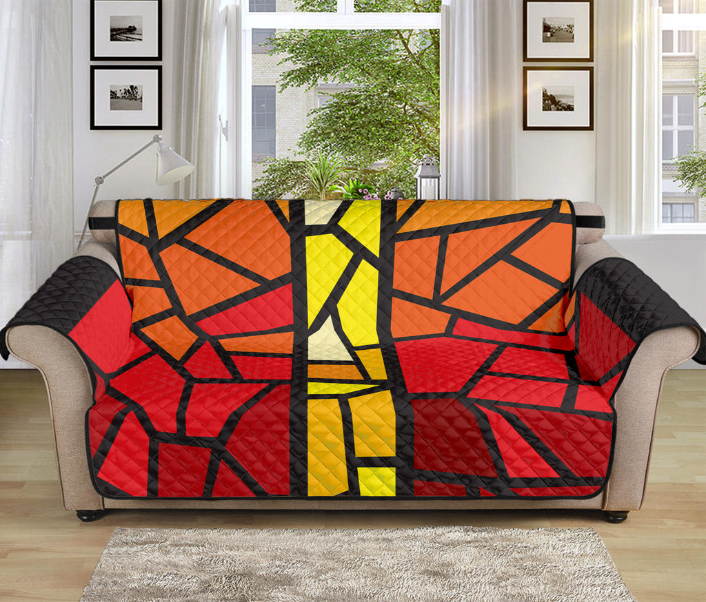 Orange And Red Stained Glass Cross Print Sofa Protector