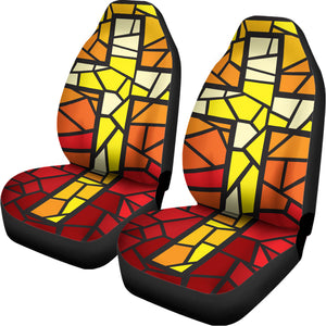 Orange And Red Stained Glass Cross Print Universal Fit Car Seat Covers