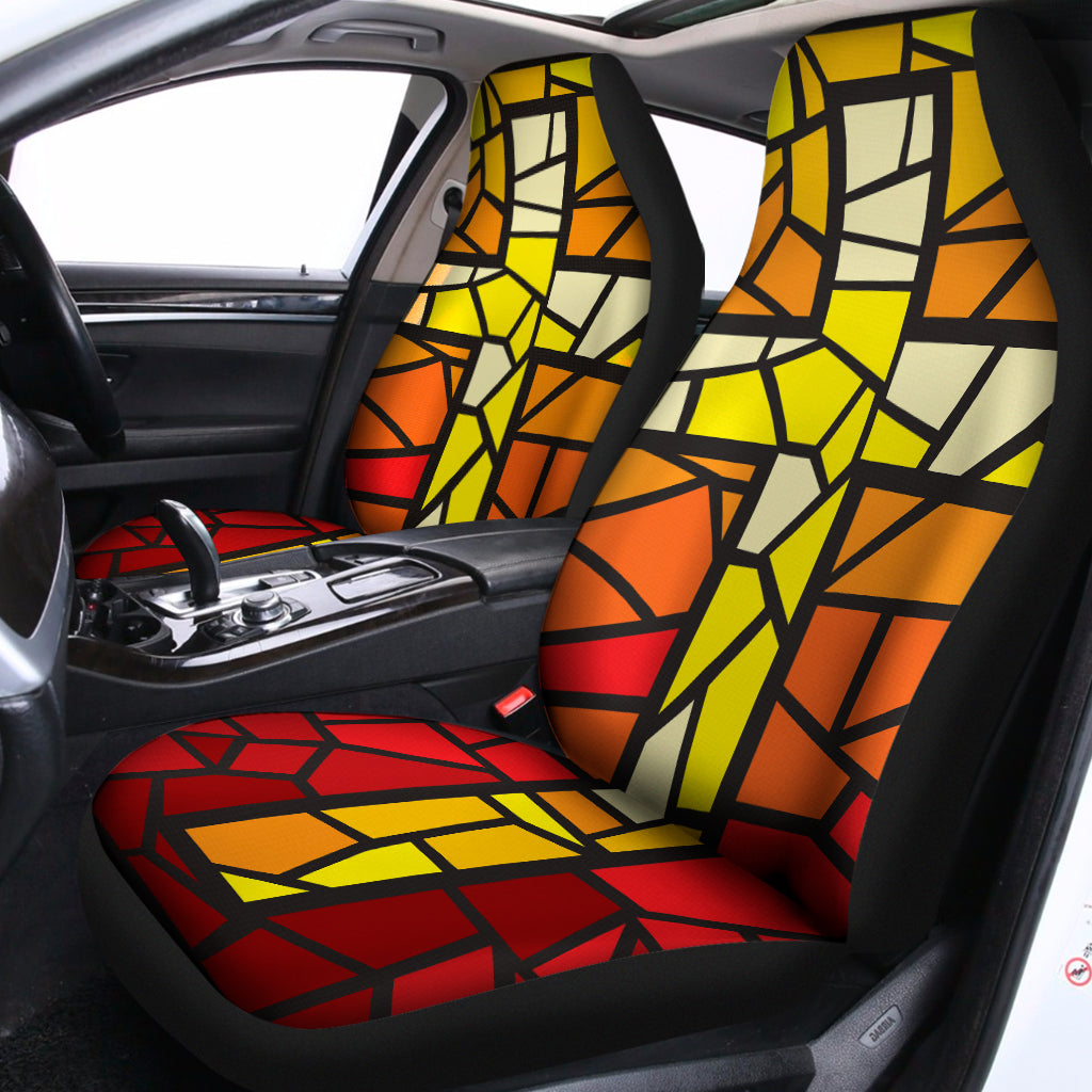 Orange And Red Stained Glass Cross Print Universal Fit Car Seat Covers