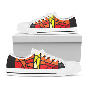 Orange And Red Stained Glass Cross Print White Low Top Shoes