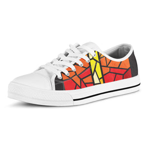 Orange And Red Stained Glass Cross Print White Low Top Shoes