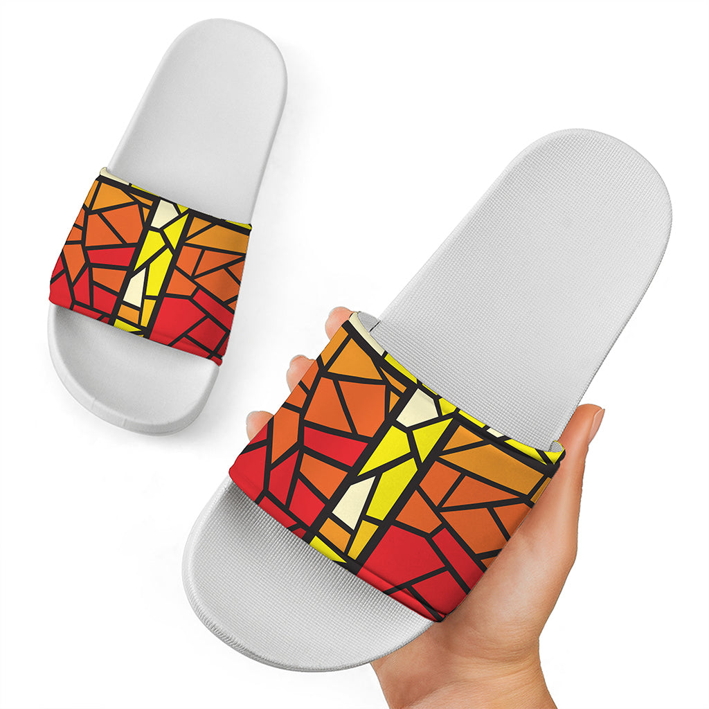 Orange And Red Stained Glass Cross Print White Slide Sandals
