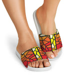 Orange And Red Stained Glass Cross Print White Slide Sandals