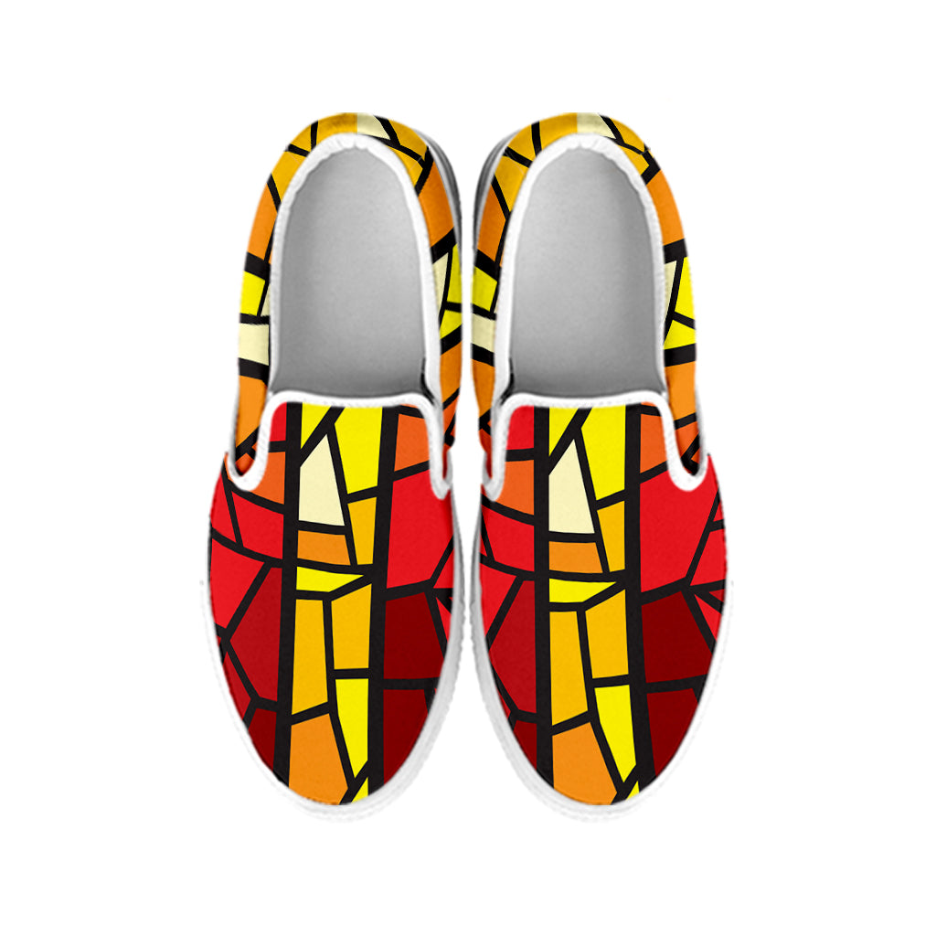 Orange And Red Stained Glass Cross Print White Slip On Shoes