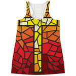 Orange And Red Stained Glass Cross Print Women's Racerback Tank Top