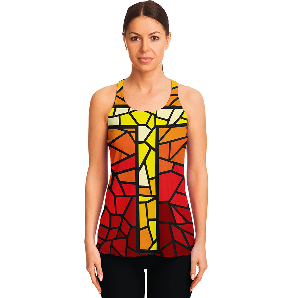Orange And Red Stained Glass Cross Print Women's Racerback Tank Top