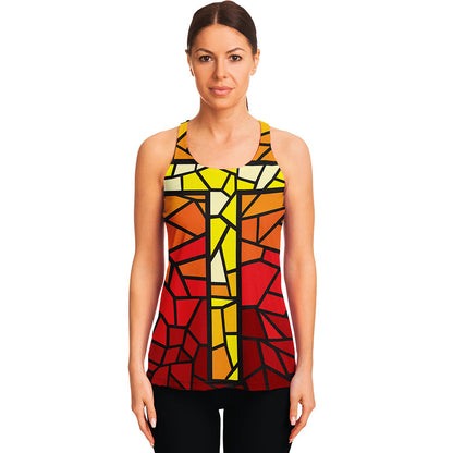 Orange And Red Stained Glass Cross Print Women's Racerback Tank Top