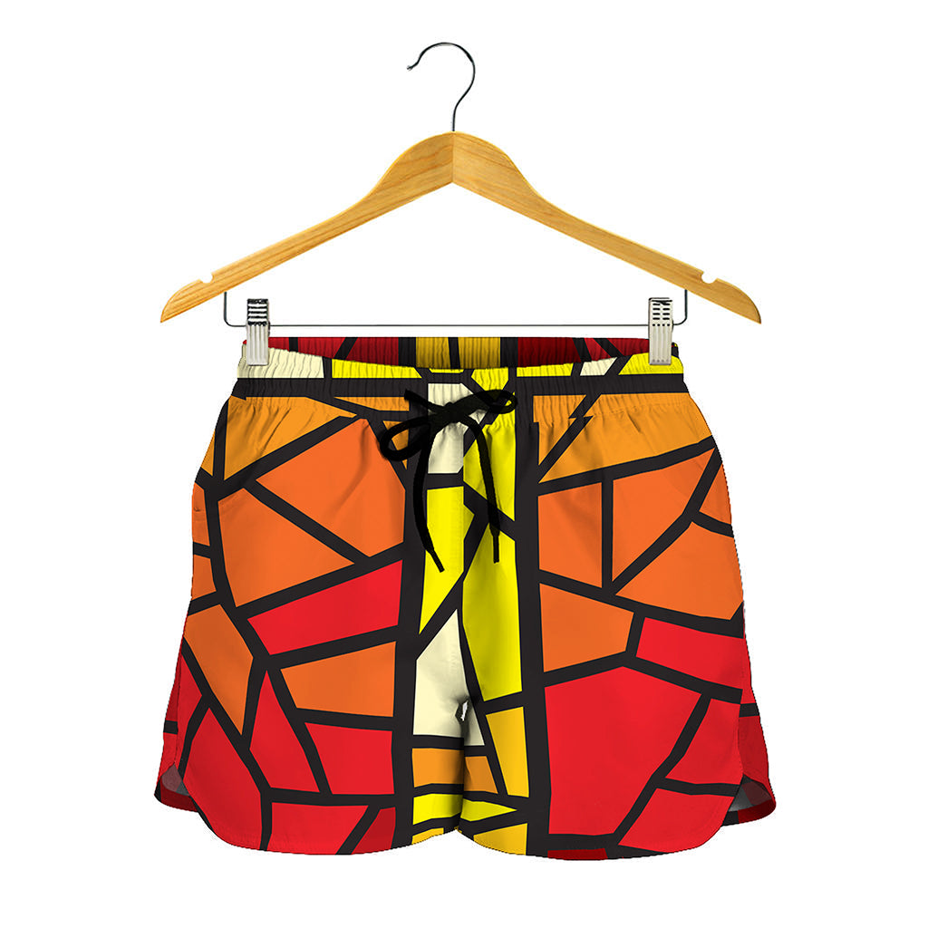 Orange And Red Stained Glass Cross Print Women's Shorts