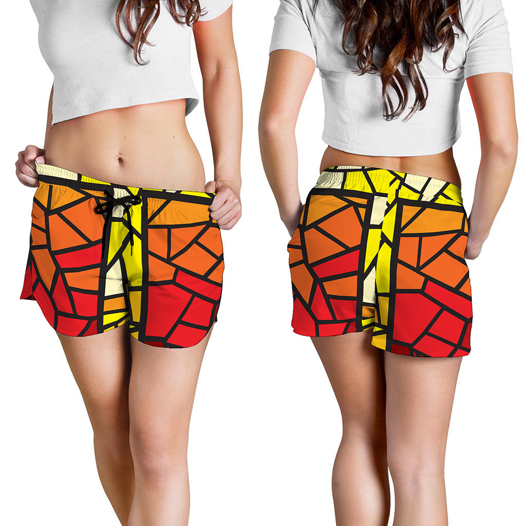 Orange And Red Stained Glass Cross Print Women's Shorts