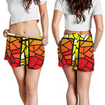 Orange And Red Stained Glass Cross Print Women's Shorts