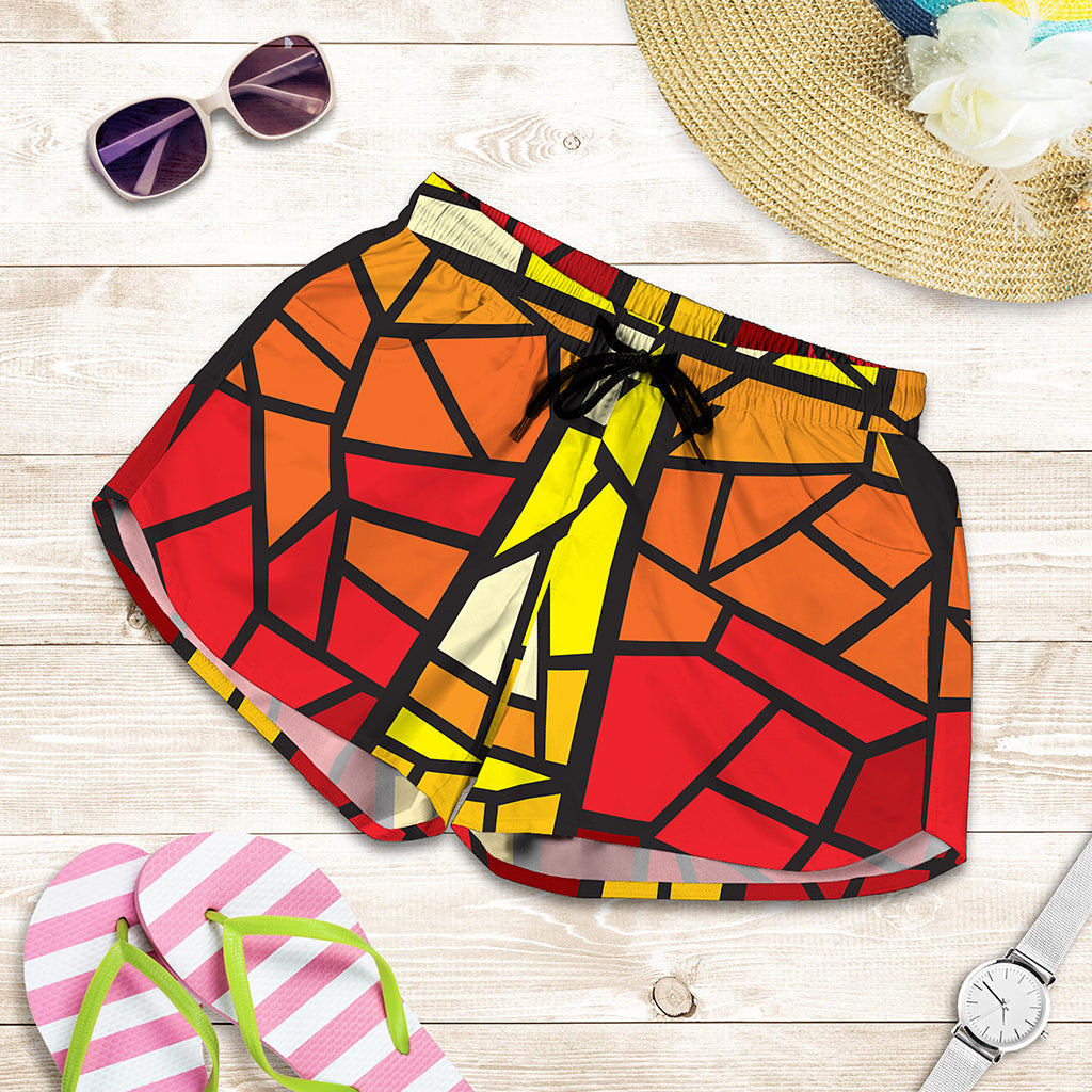 Orange And Red Stained Glass Cross Print Women's Shorts