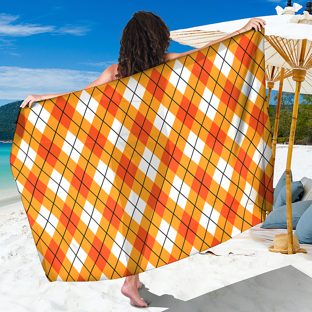 Orange And White Argyle Pattern Print Beach Sarong Wrap