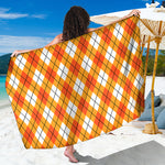 Orange And White Argyle Pattern Print Beach Sarong Wrap