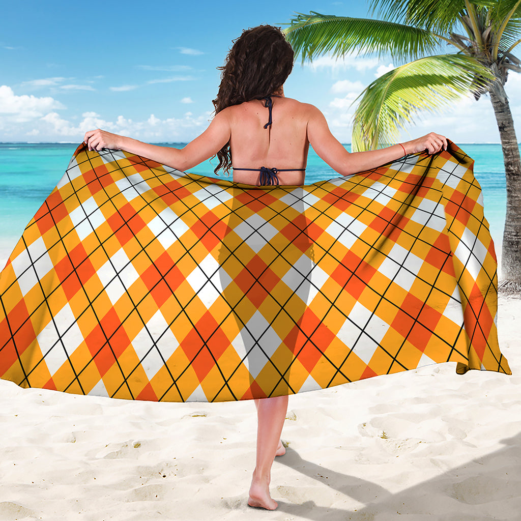 Orange And White Argyle Pattern Print Beach Sarong Wrap