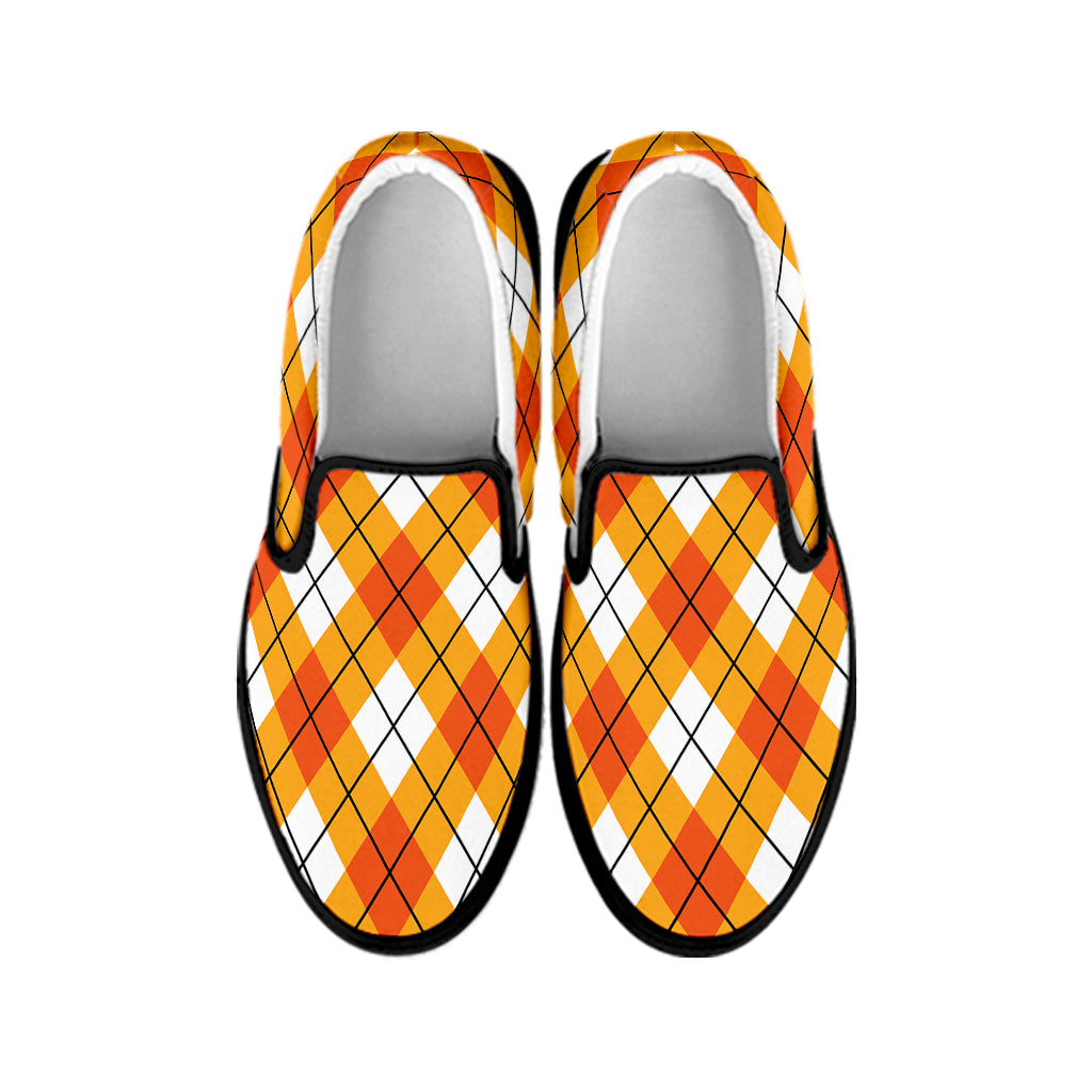 Orange And White Argyle Pattern Print Black Slip On Shoes