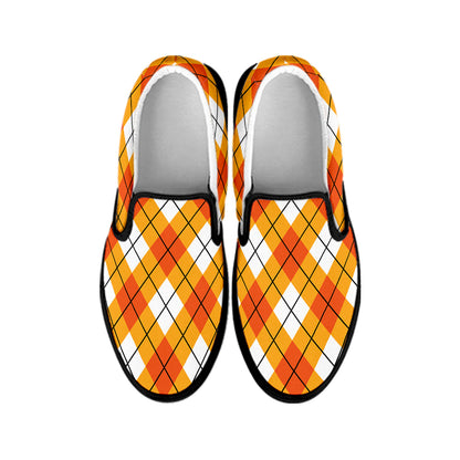 Orange And White Argyle Pattern Print Black Slip On Shoes