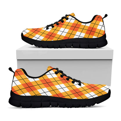 Orange And White Argyle Pattern Print Black Sneakers