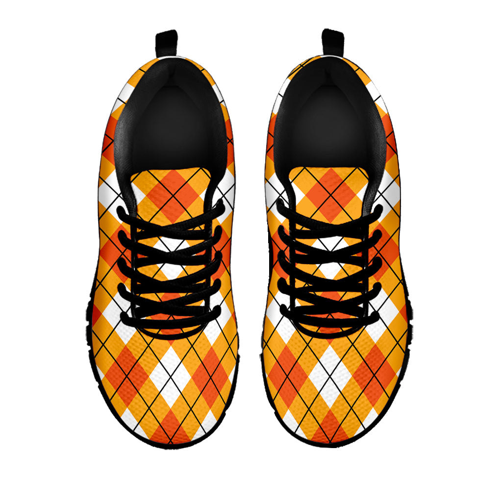 Orange And White Argyle Pattern Print Black Sneakers