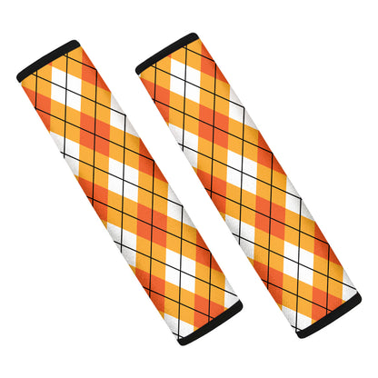 Orange And White Argyle Pattern Print Car Seat Belt Covers