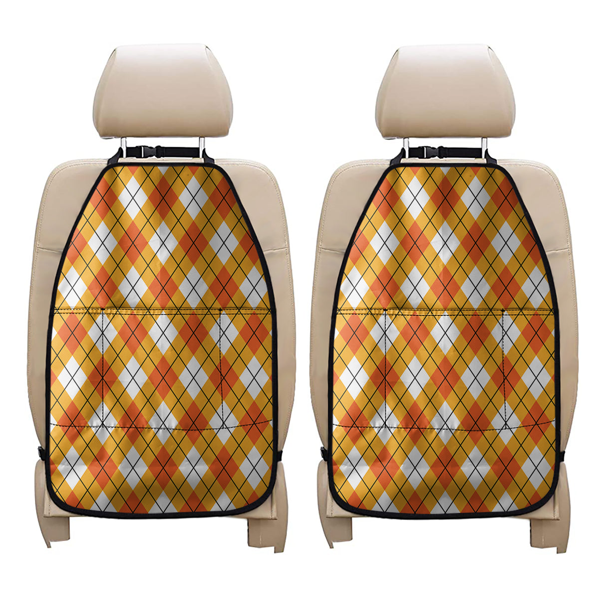 Orange And White Argyle Pattern Print Car Seat Organizers