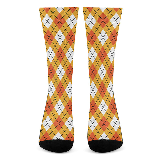 Orange And White Argyle Pattern Print Crew Socks