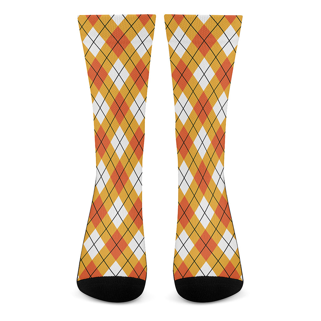 Orange And White Argyle Pattern Print Crew Socks