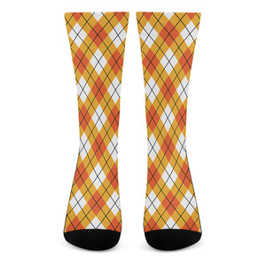 Orange And White Argyle Pattern Print Crew Socks