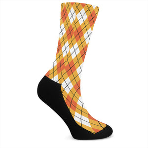 Orange And White Argyle Pattern Print Crew Socks