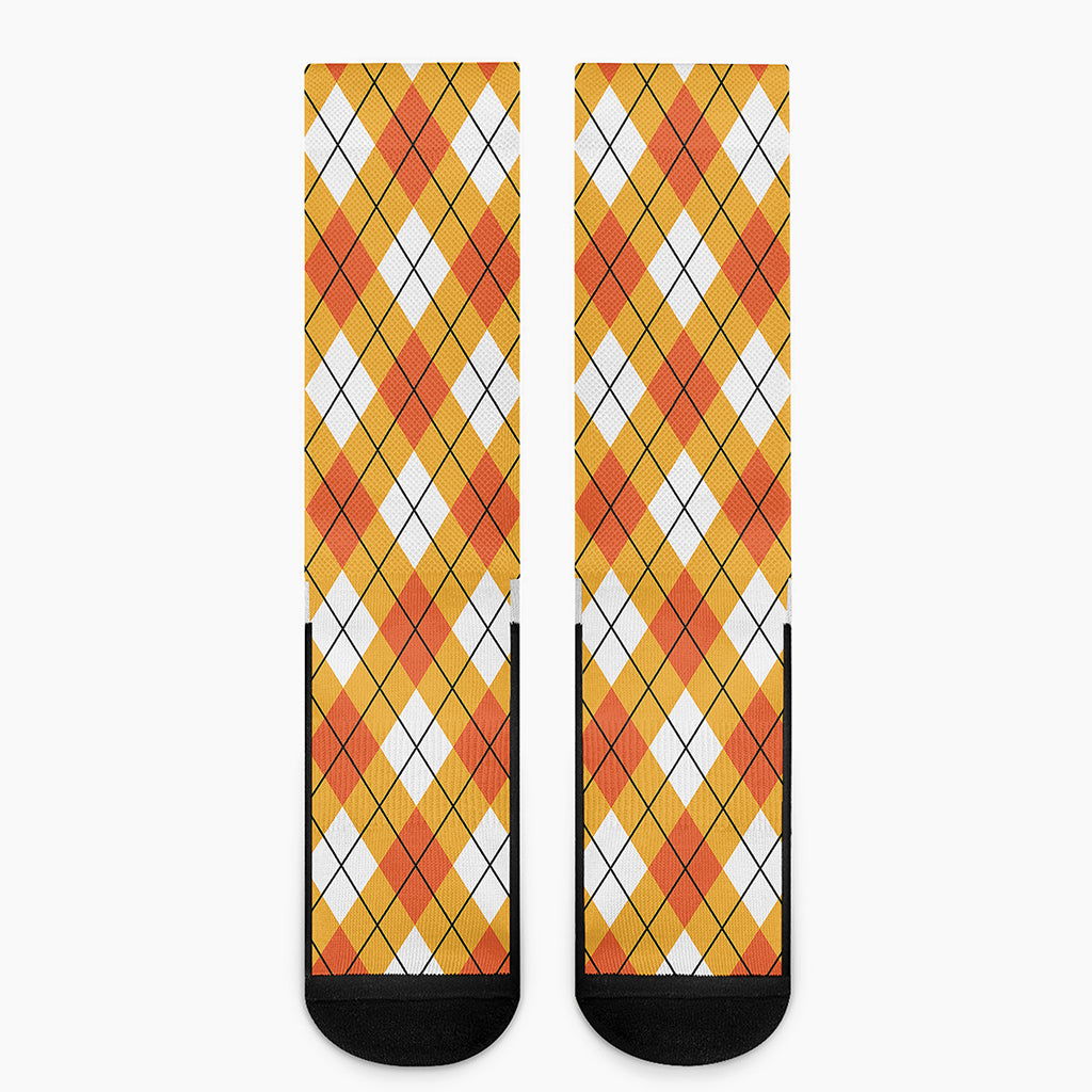 Orange And White Argyle Pattern Print Crew Socks