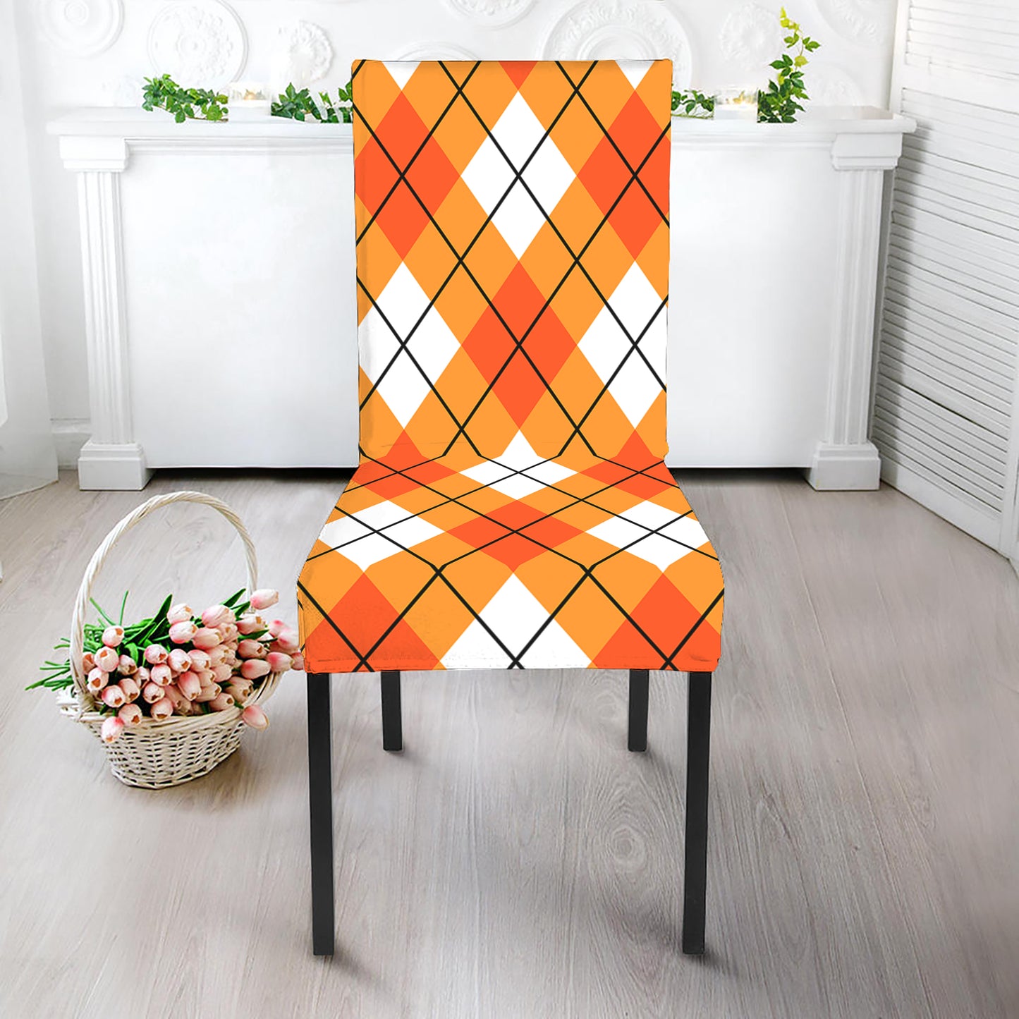 Orange And White Argyle Pattern Print Dining Chair Slipcover
