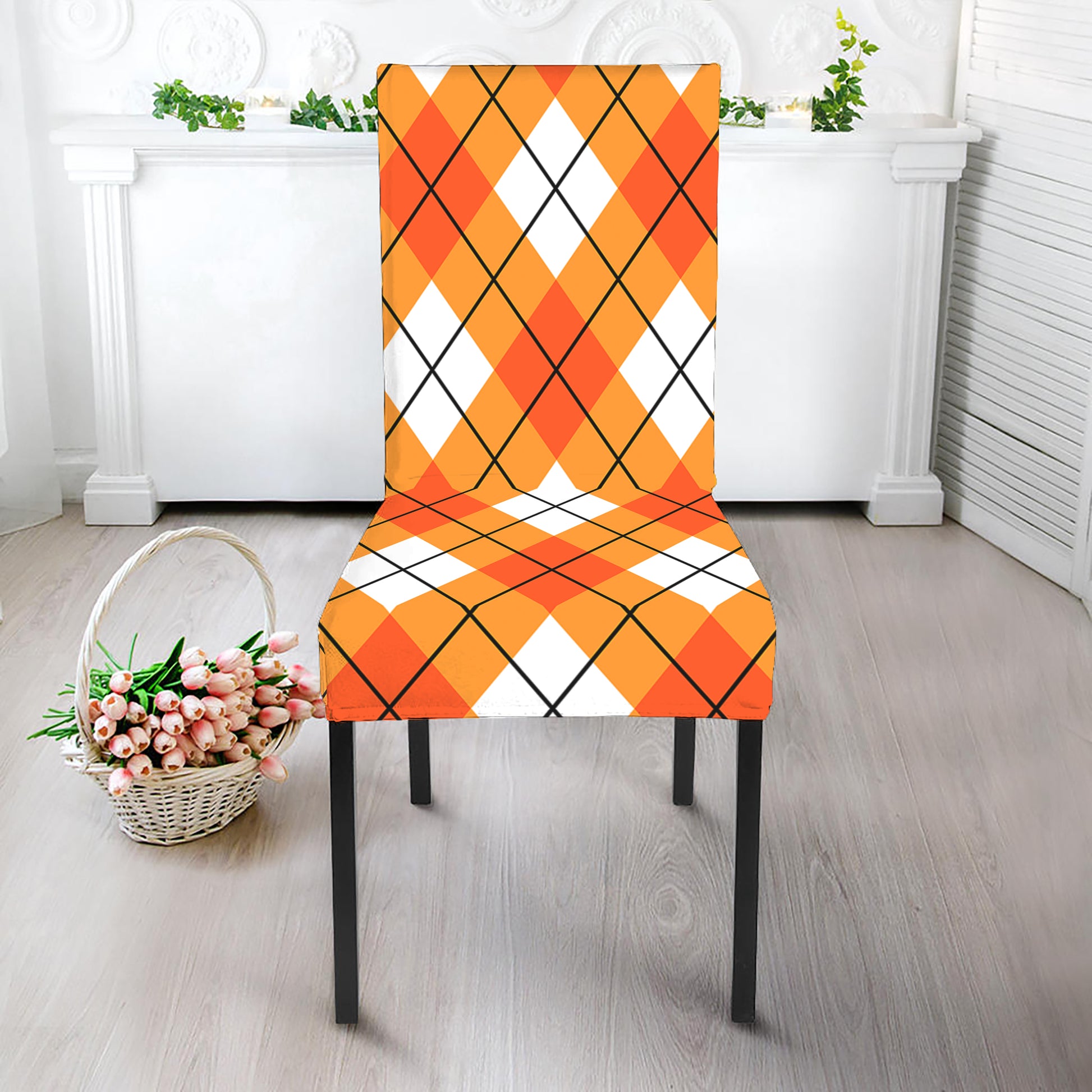 Orange And White Argyle Pattern Print Dining Chair Slipcover