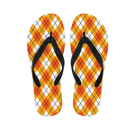 Orange And White Argyle Pattern Print Flip Flops