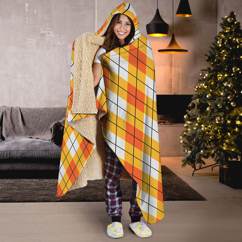 Orange And White Argyle Pattern Print Hooded Blanket