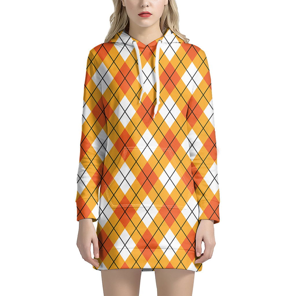 Orange And White Argyle Pattern Print Hoodie Dress