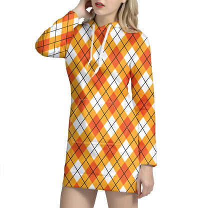 Orange And White Argyle Pattern Print Hoodie Dress