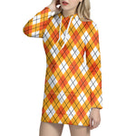 Orange And White Argyle Pattern Print Hoodie Dress