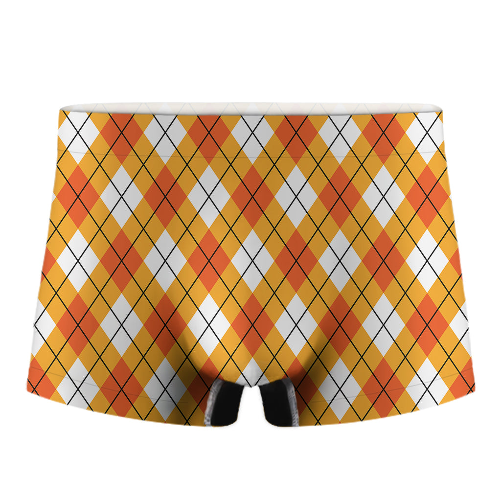 Orange And White Argyle Pattern Print Men's Boxer Briefs