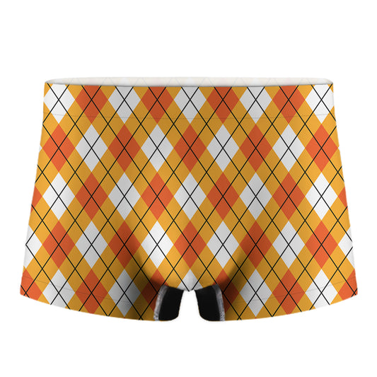Orange And White Argyle Pattern Print Men's Boxer Briefs