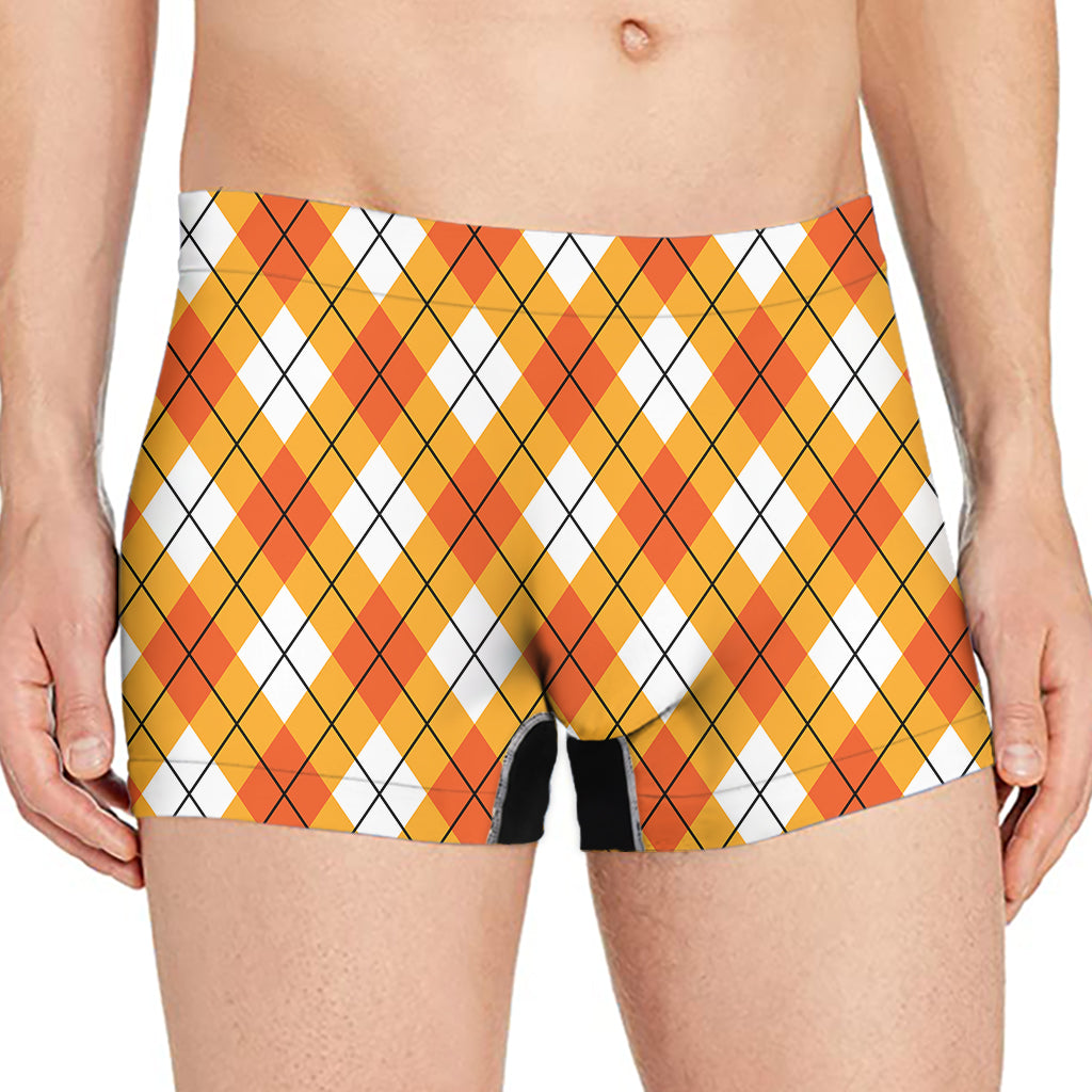 Orange And White Argyle Pattern Print Men's Boxer Briefs