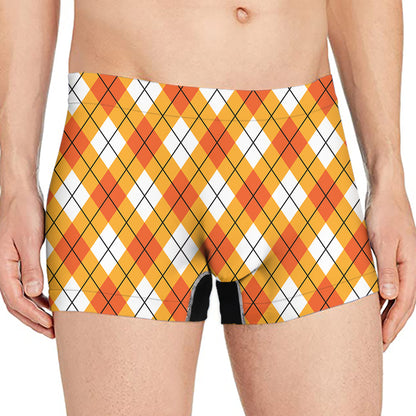 Orange And White Argyle Pattern Print Men's Boxer Briefs