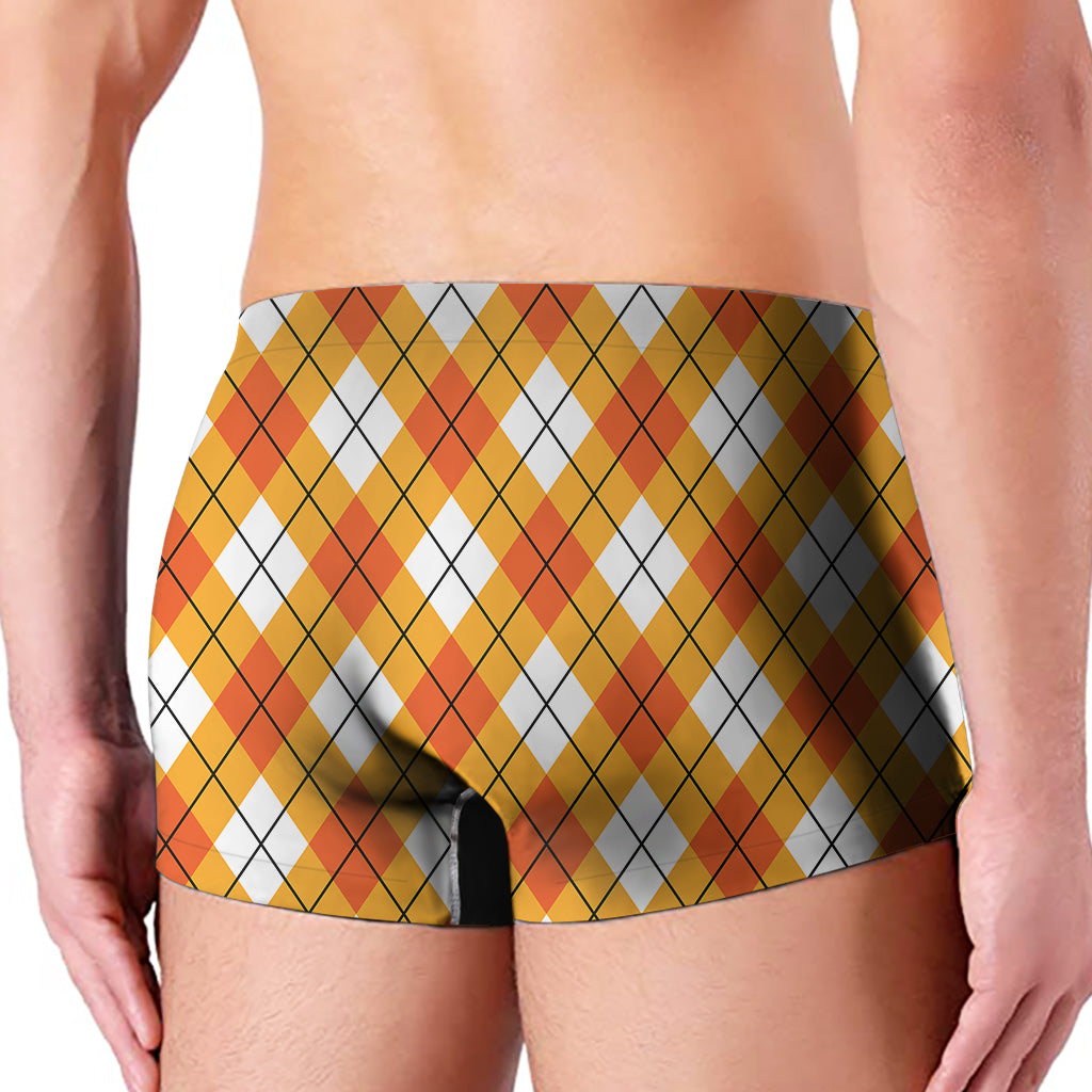 Orange And White Argyle Pattern Print Men's Boxer Briefs