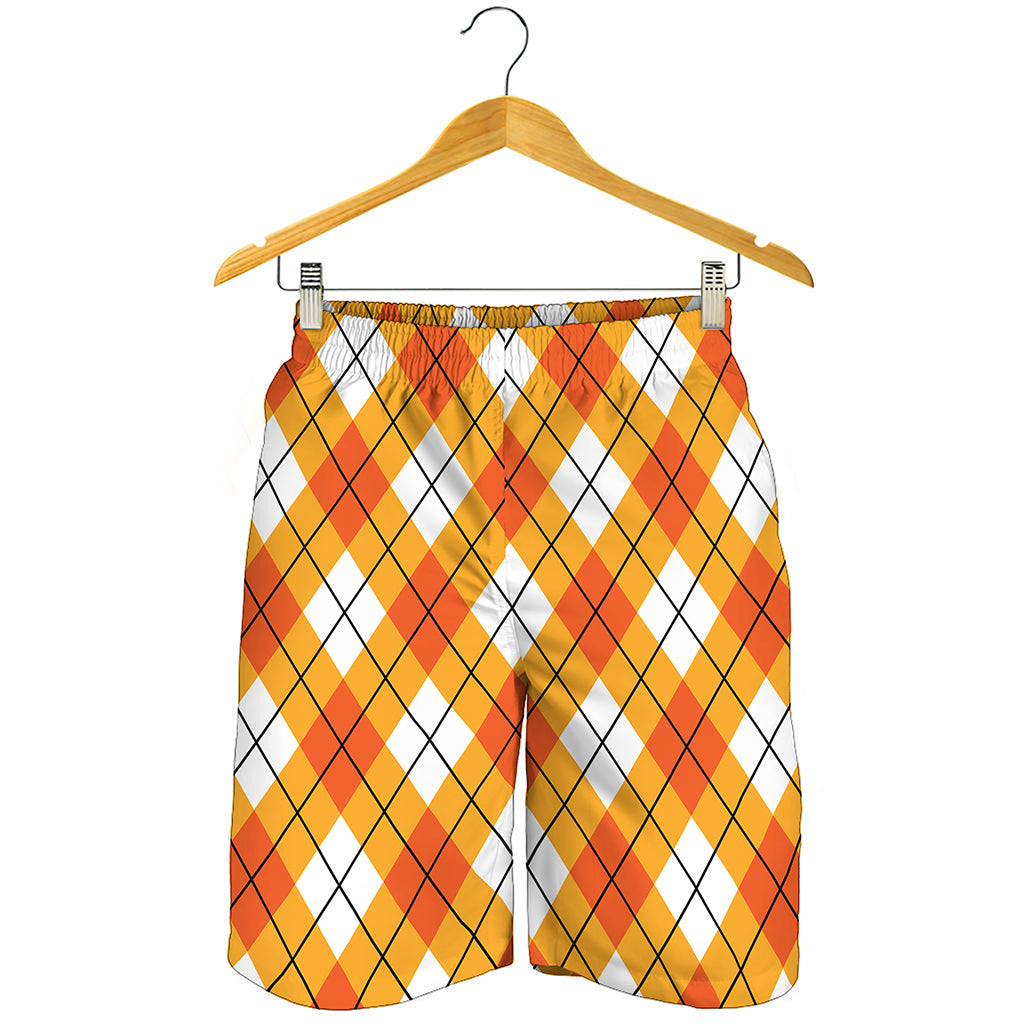 Orange And White Argyle Pattern Print Men's Shorts
