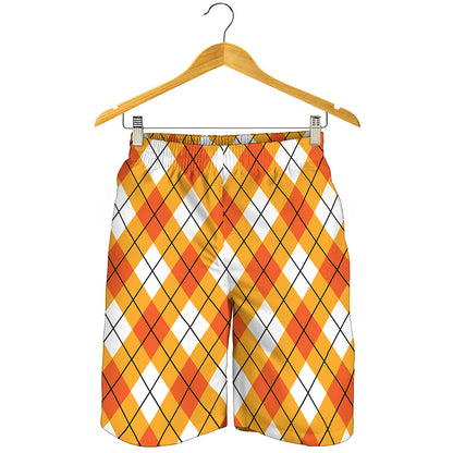 Orange And White Argyle Pattern Print Men's Shorts