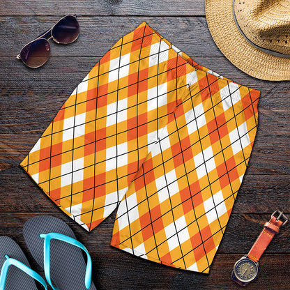 Orange And White Argyle Pattern Print Men's Shorts