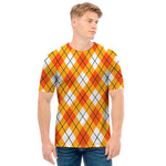 Orange And White Argyle Pattern Print Men's T-Shirt