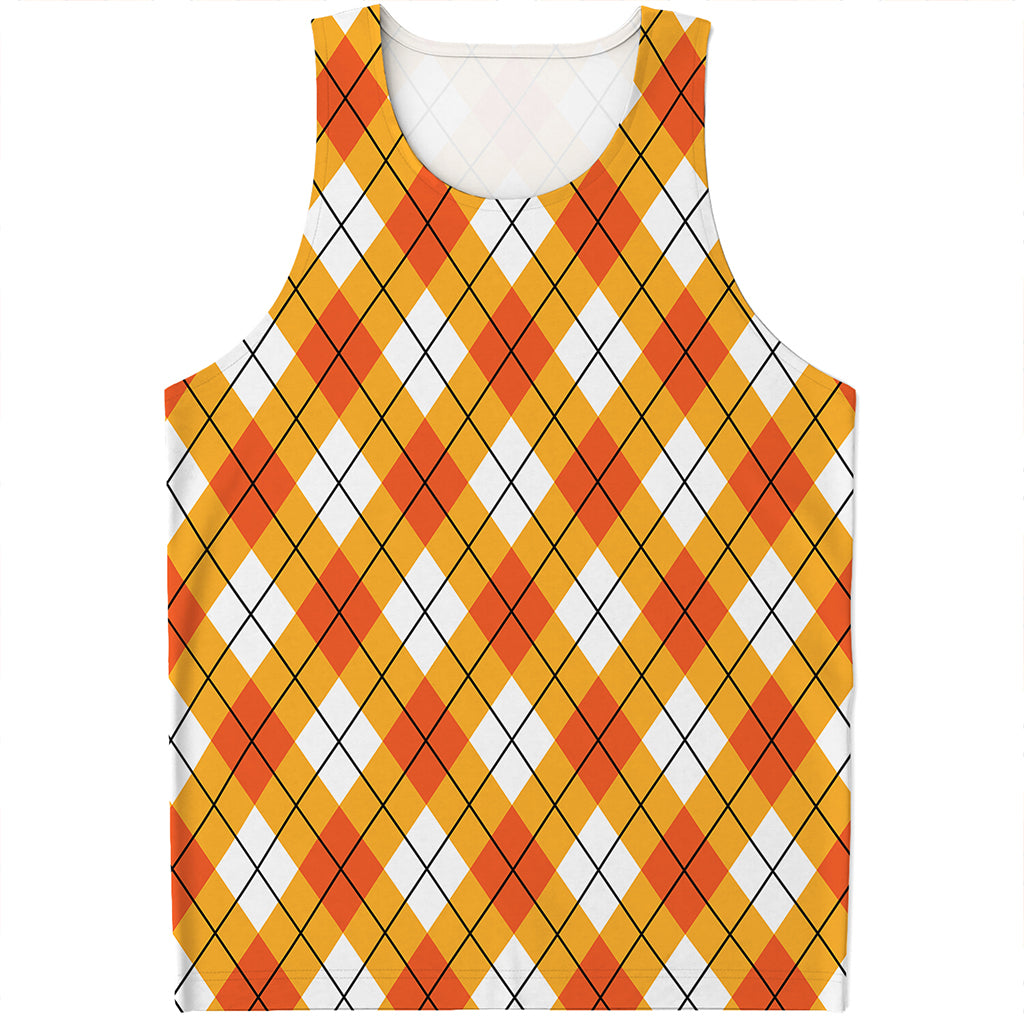Orange And White Argyle Pattern Print Men's Tank Top
