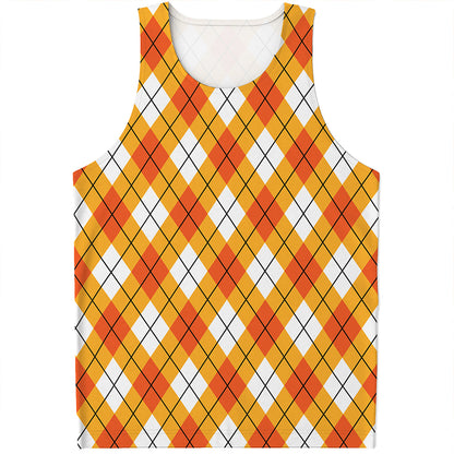 Orange And White Argyle Pattern Print Men's Tank Top