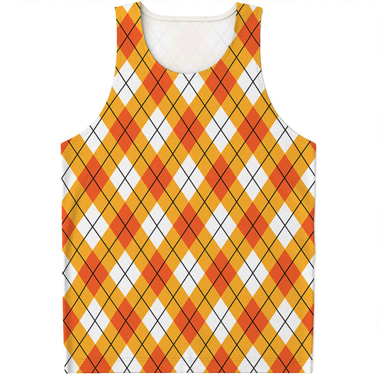 Orange And White Argyle Pattern Print Men's Tank Top