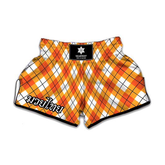 Orange And White Argyle Pattern Print Muay Thai Boxing Shorts